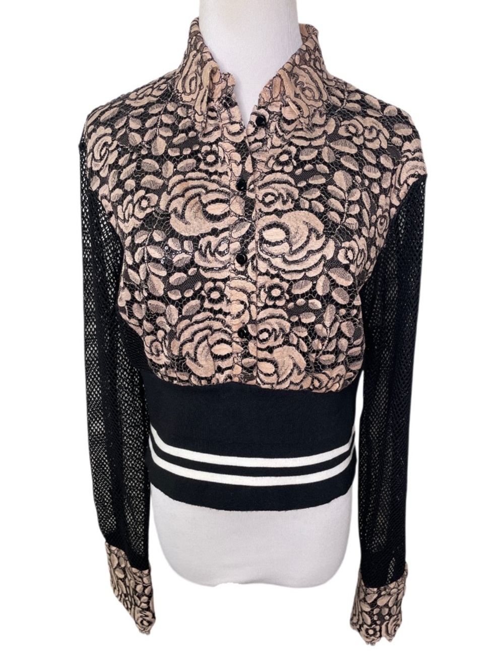 Frederick.Anderson Floral Lace Sequin Mesh Long Sleeve Cropped Blouse
